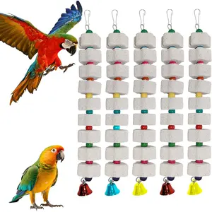 5 Pcs Large Bird Chewing Toy Parrot Beak Grinding Calcium Stone with Bells Bird Cage Accessories for Cockatiel Parakeet Budgie African Grey Rat Hamster Chinchilla Rabbit