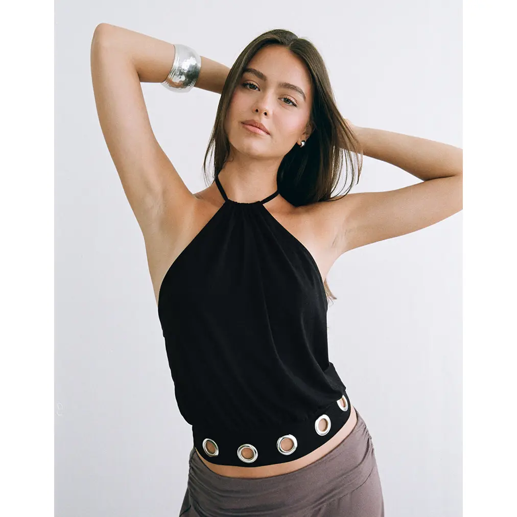 MOTEL Dolga Halter Top with Eyelets Hem in Black
