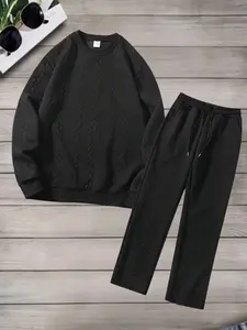 Men's spring and autumn dynamic casual textured set, round-neck knitted sweater and trousers, two-piece fashionable loose sportswear, the best set for travel and vacation, essential set for men's wardrobes