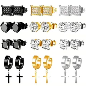 24-piece men's earring set, stainless steel earring set, square crystal zircon earrings, cross hypoallergenic drop earrings, punk ear clips, hoop earrings, fashion earrings, trendy ear bone studs, pierced earrings for men and women for everyday wear