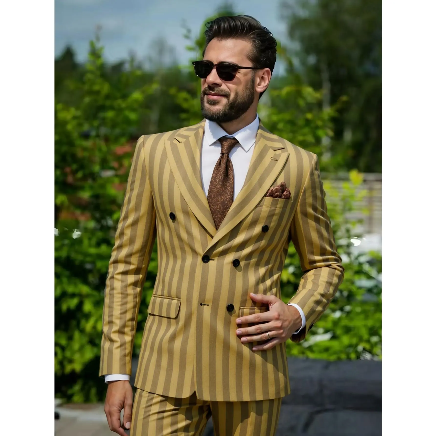 Men's Classic 2-Piece Suit Set, Minimalist Striped Double-Breasted Jacket & Matching Trouser, Polyester Mix Menswear with Pocket