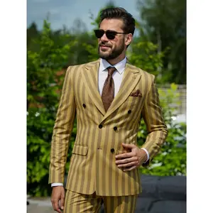 Men's Suits 2-Piece Set Double Breasted Tuxedo Peak Lapel Striped Blazer & Dress Pants for Wedding, Business, Formal Events