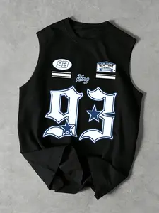 Men's Fashion Back Print Round Neck Wide Shoulder Vest, Casual Loose Fit, Plain Pattern, Perfect for Daily Wear