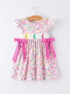 Easter Colorful Floral Bunny Bow Smocking Embroidery Girl Dress