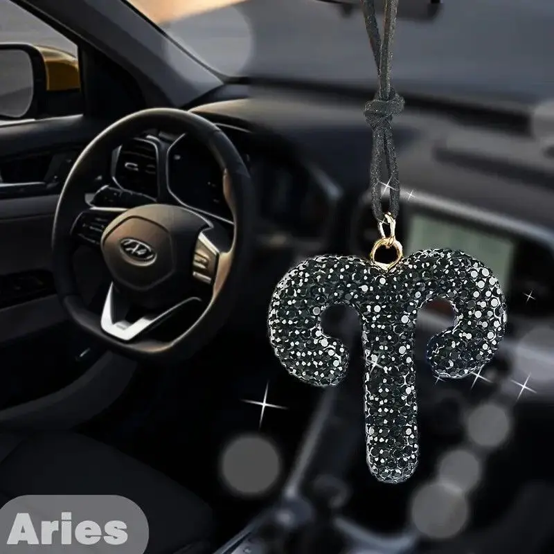 Shiny Rhinestone 12 Zodiac Car Hanging Decor, Lucky Zodiac Rearview Mirror Ornament, Astrology Car Interior Accessory, Unisex Car Decoration Gift, Car Ornaments