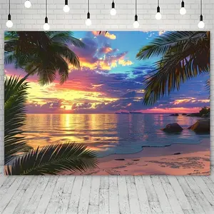 A tropical beach background with palm trees, Hawaiian Luau summer theme, wall tapestry, Wall hanging tapestry, living room, bedroom, office, party decoration, live broadcast background cloth, can be hung from the ceiling, installation free