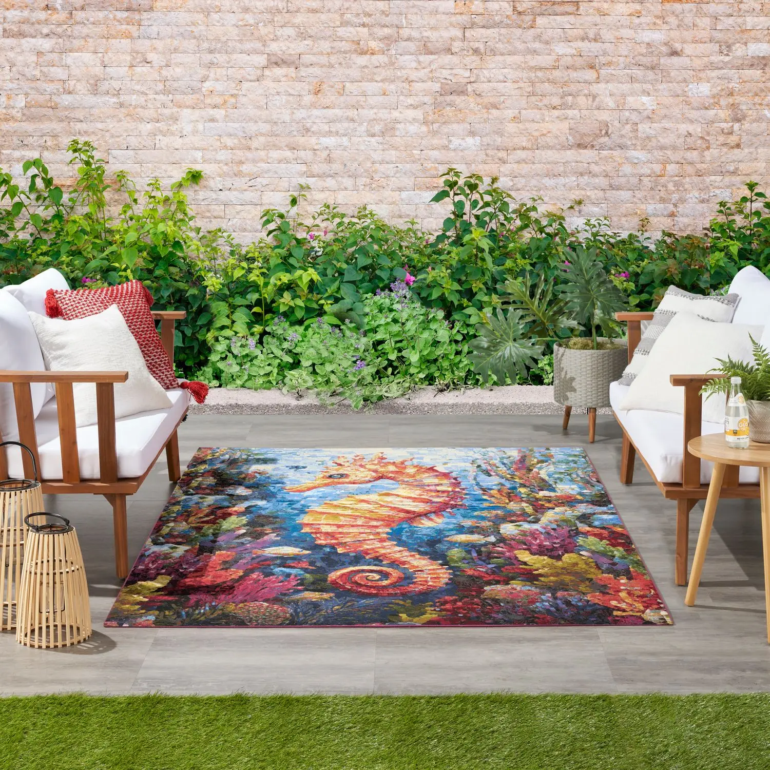 Nourison Color Splash Seahorse Multicolor Indoor-Outdoor Flatweave Area Rug, Animals-Themed Easy-Care Garden & Home Decor Rug, Garden Decoration Rug, Home Decor Rugs