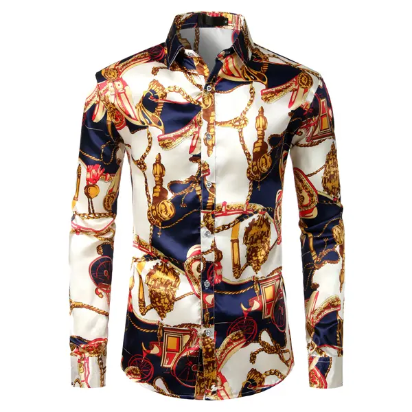 ZEROYAA Menswear Hipster Printed Dress Shirt, Elegant Fitted Long Sleeve Button Down in a Smooth, Breathable Silk-Like Satin Fabric, Longsleeves, Soft, Fitted Cut, Street, Us Size