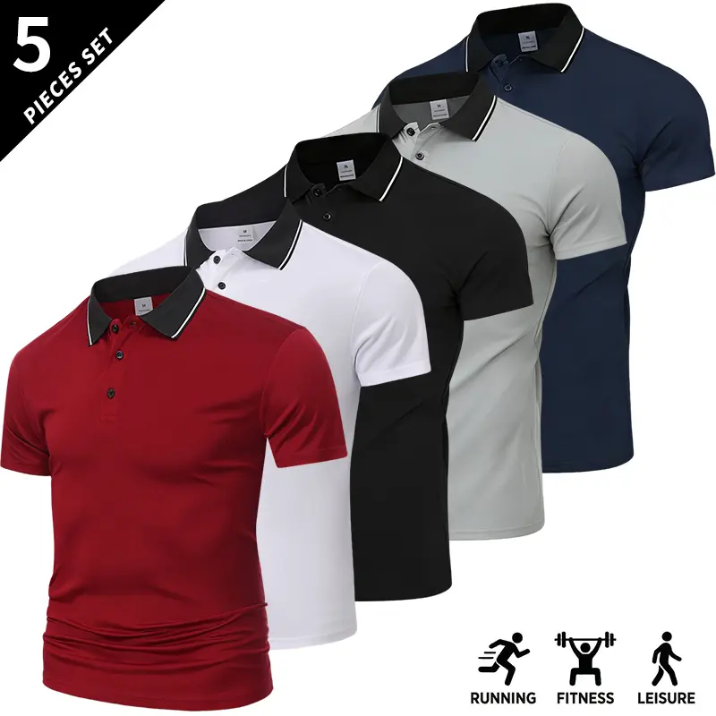 Pack of 5 summer polo shirts for men with a turn-down collar; multi-color casual short-sleeve tops for men—ideal for business, work, dates, and home wear; travel essential casual style, business casual, travel clothing, fashionable top, modern fashion.
