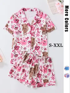 Women's 2-Piece Pajama Set, All over Print Cow, Floral, Fitted Style, Short Sleeve Top with Button Neck, Comfortable Loose Shorts, Sweet Cool Sleepwear, Summer Sleep Set