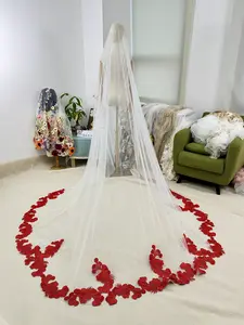 Delicate red wedding veil, Single layer soft tulle bridal veil, Dreamy flowery lace embroidered veil, straight-from-camera bridal veil