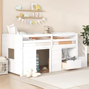 "Twin loft bed with all the extras!  White solid wood, low design, stairs, drawer + shelf. Kids love the stairs—parents love the space. Worth it! "