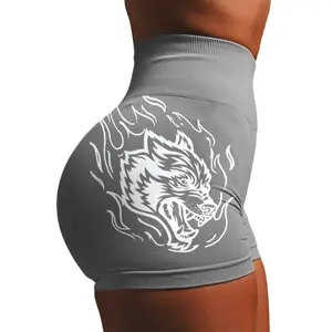 Darc Sport Style Wolf Head Seamless Yoga Shorts, High Waist Booty Lifting 3" Workout Shorts for Women