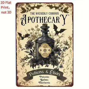 2D Flat, Vintage Apothecary Metal Wall Decor - Gothic Pharmacy Poster with Poison Bottle Art - Halloween Decoration for Home, Cafe, Bar - Flat Printed Tin Plate Sign in Beige, Brown, Black - Easy Hang Pre-Drilled Holes - Durable Iron Metal
