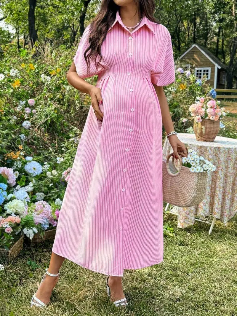 MaterniRIO Blush Pink Summer Elegant Formal Picnic Holiday Pregnant Women Striped Maternity Dress Casual Batwing Sleeve High Waist Button Modest Cottagecore