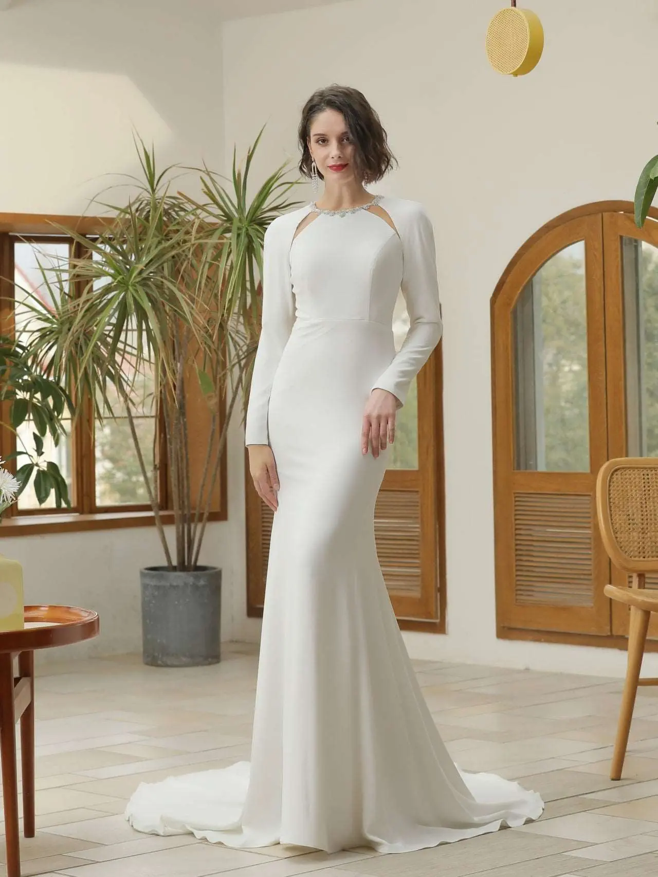 Women's Longsleeves Cut-Out Crepe Fit & Flare Brooklynn Wedding Dress with Beaded Detailing - Elegant Formal Dresses for Brides, Elegant Dresses