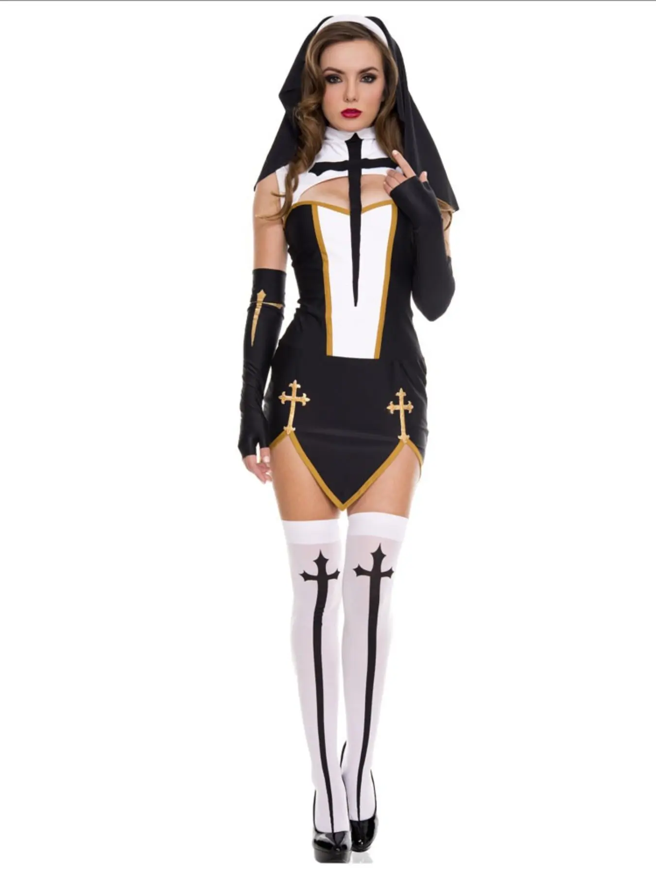 Women's Sexy Fitted Nun Cosplay Costume Carnival Halloween Fantasia Fancy Dress Outfit, Black/White