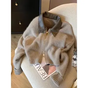 Patchwork Zipper Cropped Cardigan Women 400g Thick Autumn Knitted Sweater Bomber Jacket Vintage 2000s Short Fitted Knitwear Coat