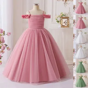 7-12Y Kids Clothes 690 White Flower Girls Princess Long Ball Gown Frock Children Formal Evening Party Banquet Pageant Prom Host Cocktail Dress