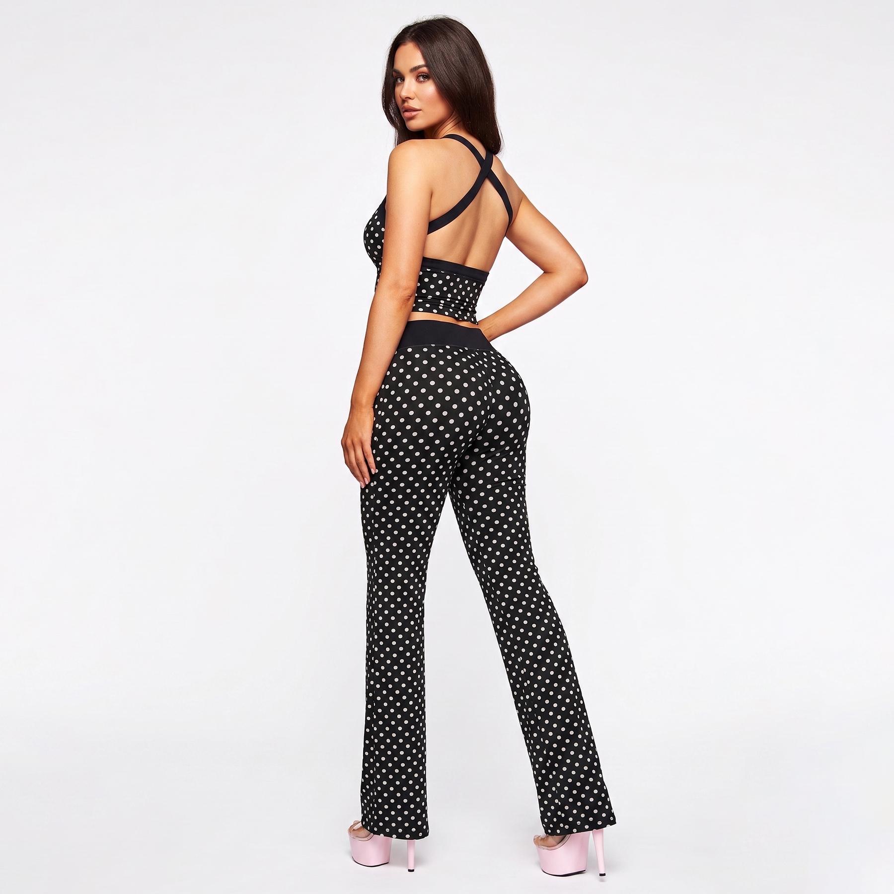 NVWA Matching Sets Women Polka Dot Halter Crop Top and Flare Pants 2 Piece Outfits Backless Criss Cross Bodycon Slim Fit Going Out Set High Waist Bell Bottom Trousers Y2K Party Club Wear Casual Outfit tiktokshopbacktoschool, Spandex, Lady