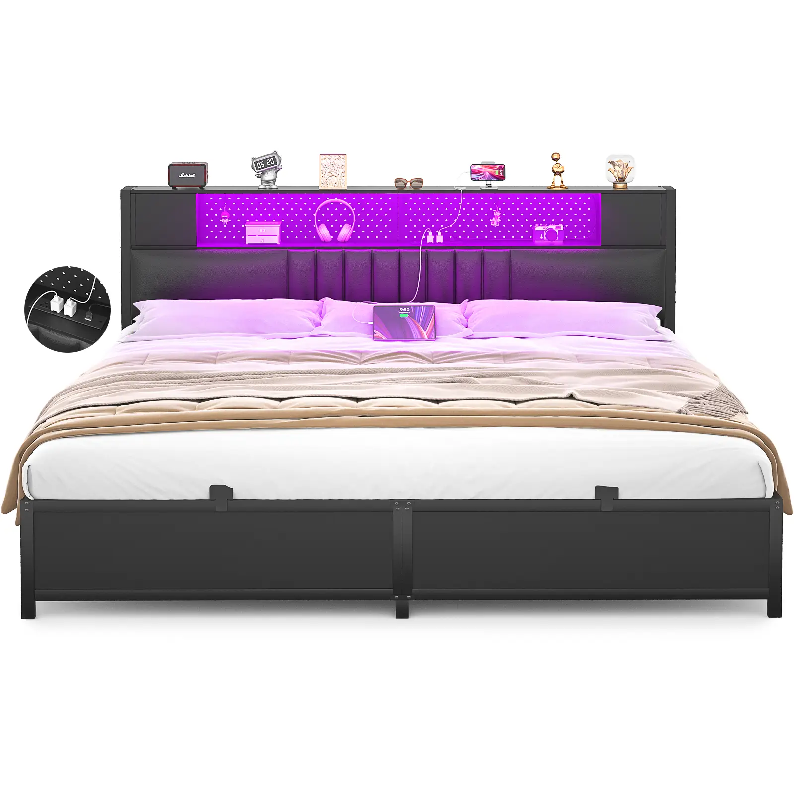Homieasy King Size Bed Frame with Upholstered Storage Headboard and Charging Station, Luxury Cool Smart King Bed with LED Light, Black Platform Bed wi