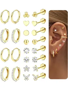 Viral 12 Pairs Earrings for Women Surgical Steel Flat Back Earrings Hoop Earrings Trendy Set 14K Gold Helix Tragus Cartilage Stud Earrings Gold Huggies Hoops Studs Hypoallergenic for Multiple Piercings Heart Shaped Earrings
