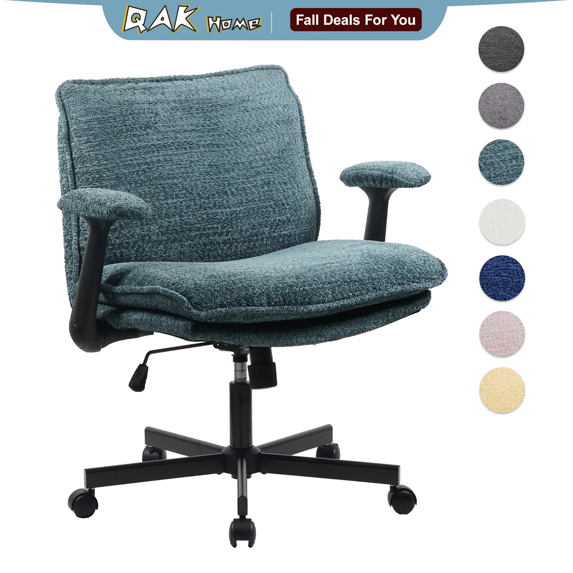 QAK Criss Cross Legged Office Chair with Wheels and Flip-Up Arms, Upholstered Criss Cross Desk Chair, Wide Seat Chairs for Home Office, Vanity, Apartm