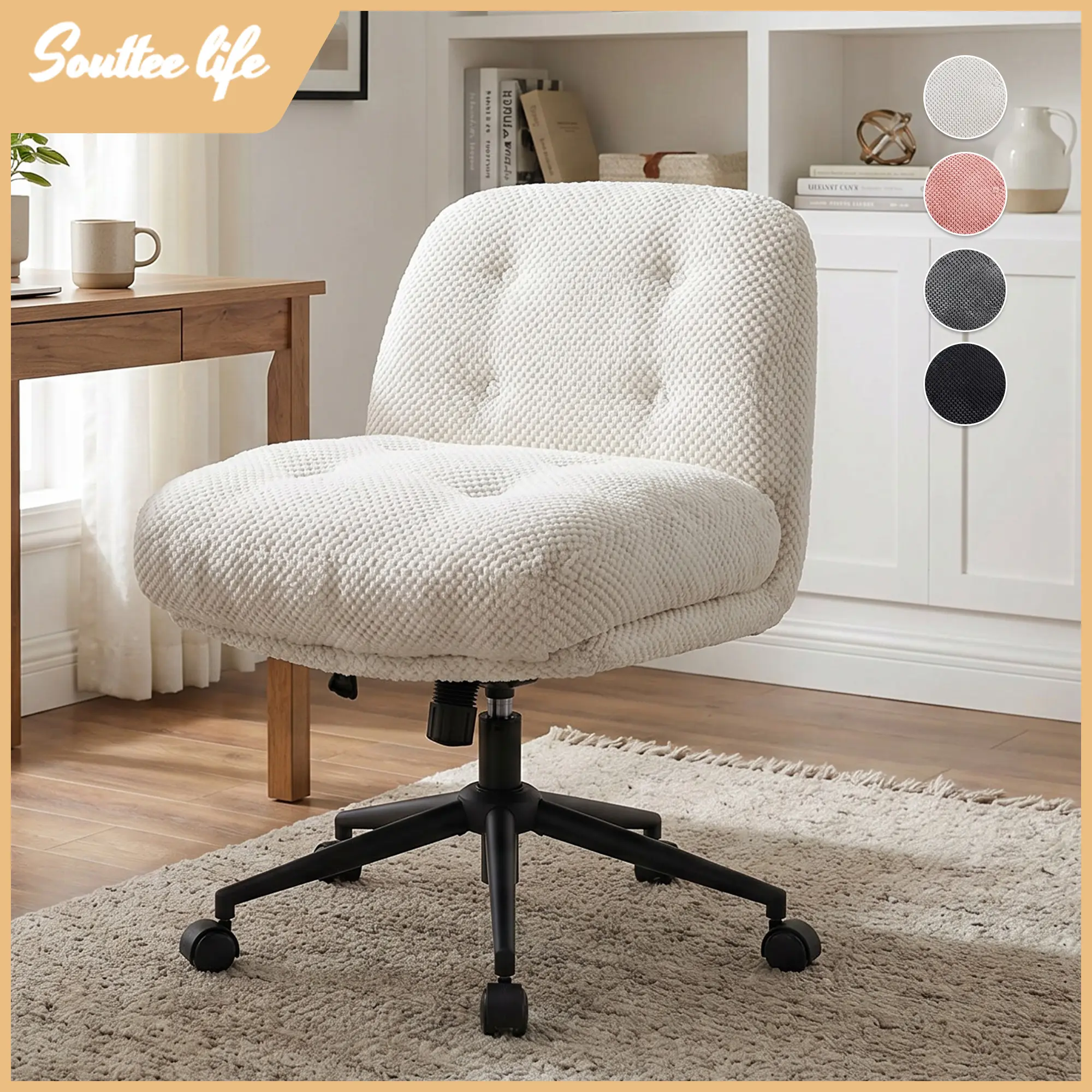 Criss Cross Chair with Thick Padded Seat & Backrest,Vanity Chair,Tufted Cushion, Adjustable Height, 360° Swivel Rolling Desk Chair for Home Office Chair