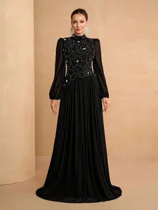 Elegant Embroidered Flower Dress, Long Sleeve Stand Collar Maxi Dress, High-End Daily Wear, Stylish and Sophisticated
