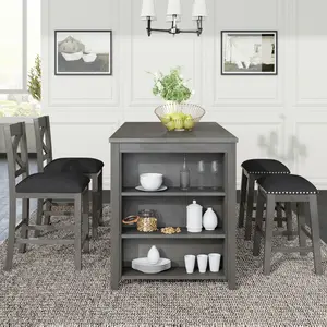 5 Pieces Counter Height Rustic Farmhouse Dining Room Wooden Bar Table Set with 2 stools and 2 Chairs, Gray