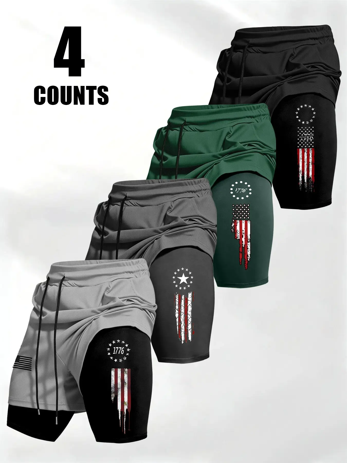 Men's Summer Trendy American Flag Print Shorts, Multi-Color Options, Dual-Layer Vintage Patriotic Design, Ideal for Sports and Fitness, Lightweight Graphic Fitness Shorts
