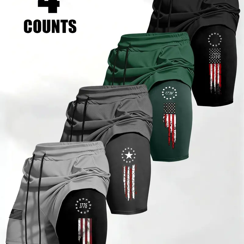 Men's Summer Trendy American Flag Print Shorts, Multi-Color Options, Dual-Layer Vintage Patriotic Design, Ideal for Sports and Fitness, Lightweight Graphic Fitness Shorts, Workout Shorts Pack, Active Wear Shorts