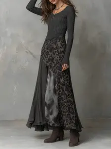 Women's Leopard Print Patchwork Long Sleeve Dress, A-Line Maxi Skirt Style, Casual Outdoor Wear, Fashionable and Comfortable