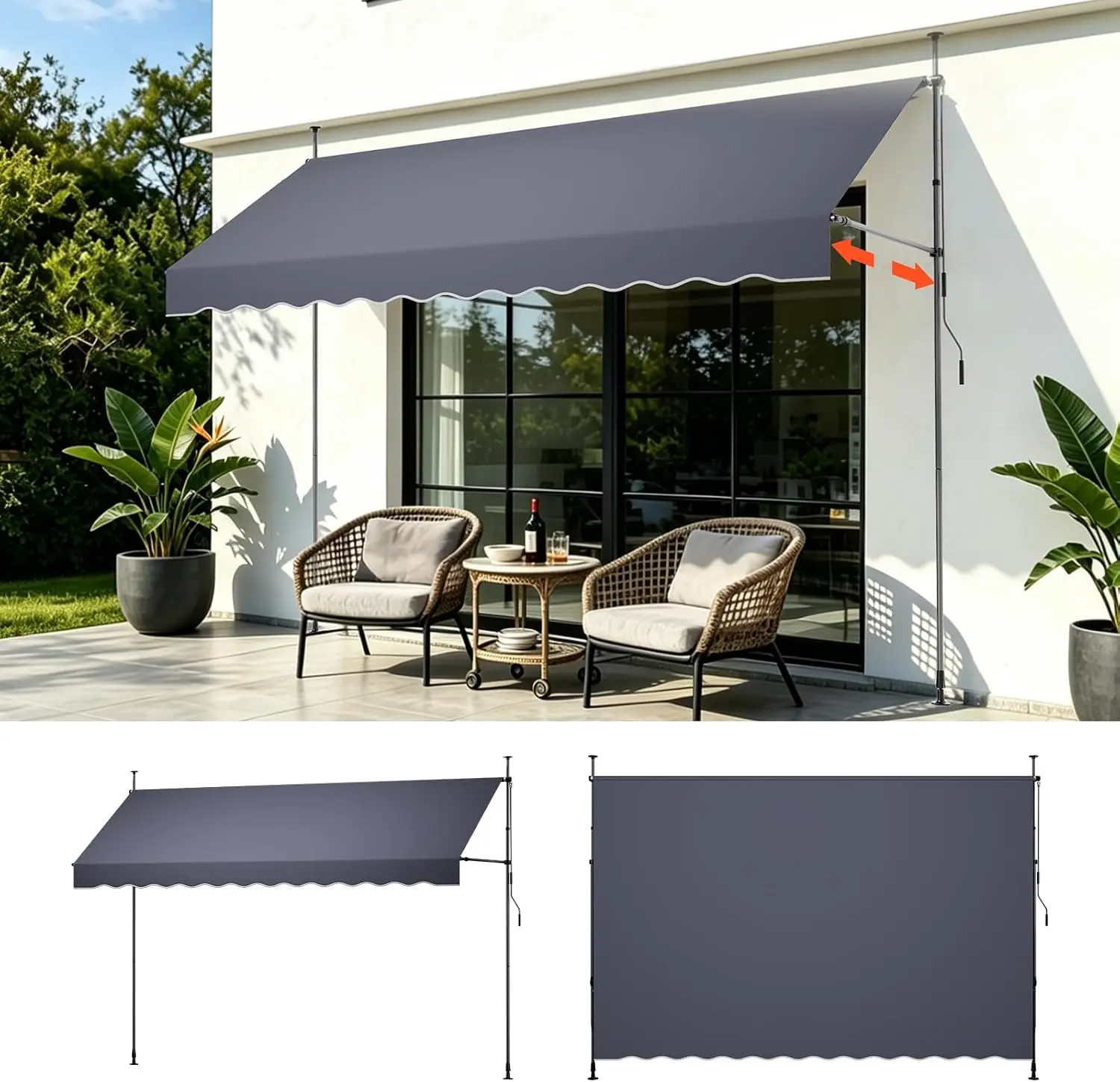 VEVOR Manual Retractable Awning, 138" x 59" Outdoor Patio Awnings Sunshade Shelter with 43"-59" Retractable Side Bar, No Drill Height Adjustable, Crank Handle for Backyard, Balcony, Dark Gray