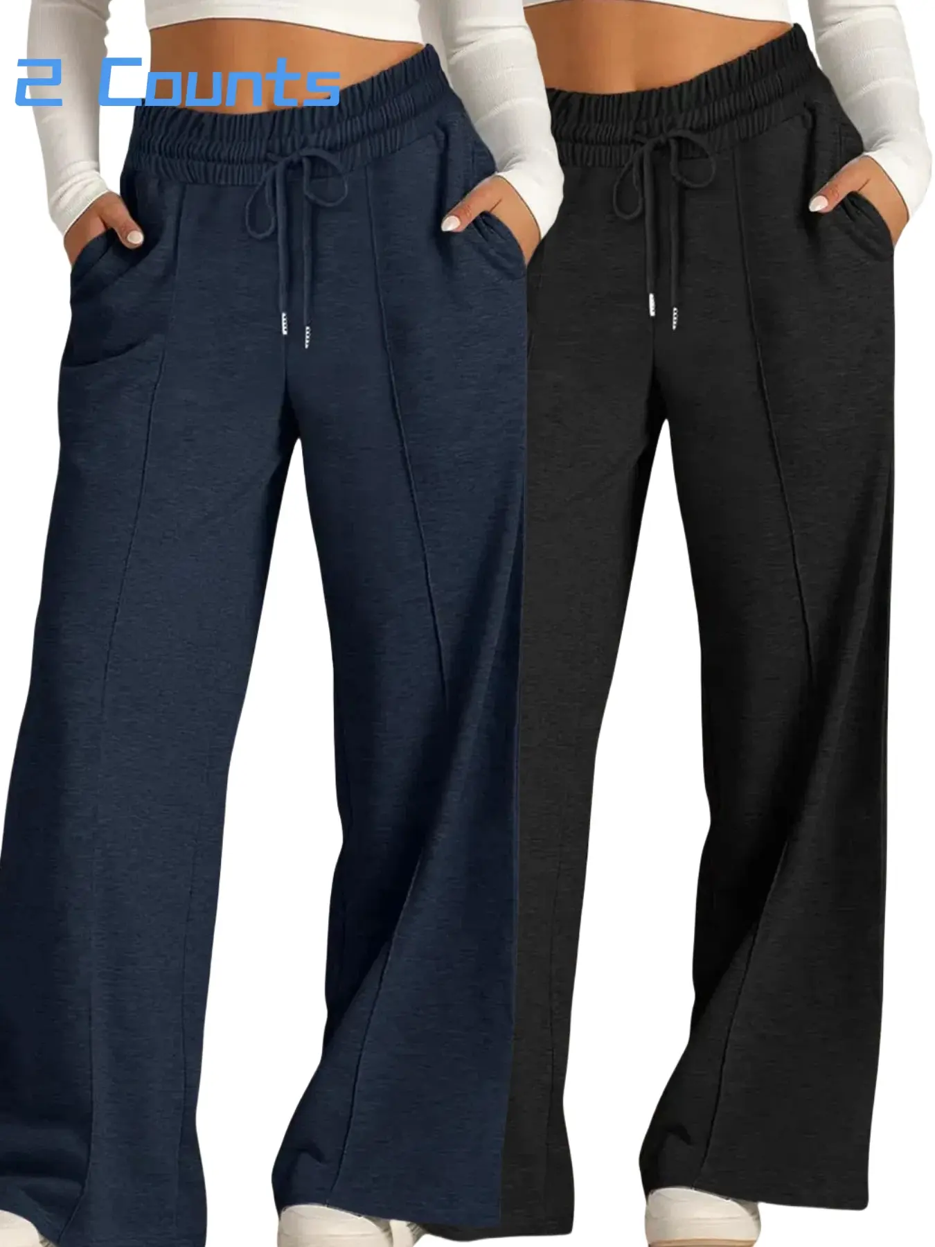 Women's Solid Color Drawstring High-Waist Wide Leg Elastic Pants, Loose-Fitting Casual Trousers with Pockets for All Seasons, Comfortable Daily Wear, Women's Affordable Pajamas