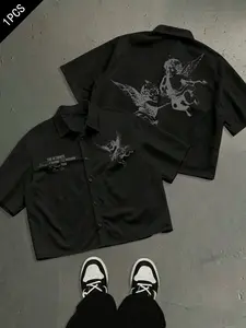 Men's casual shirt, cropped and drop-shoulder design, featuring a simple Cupid angel pattern, made of lightweight and breathable 100% polyester fabric. Suitable for wearing alone or layering, perfect for everyday occasions, parties, and vacations.