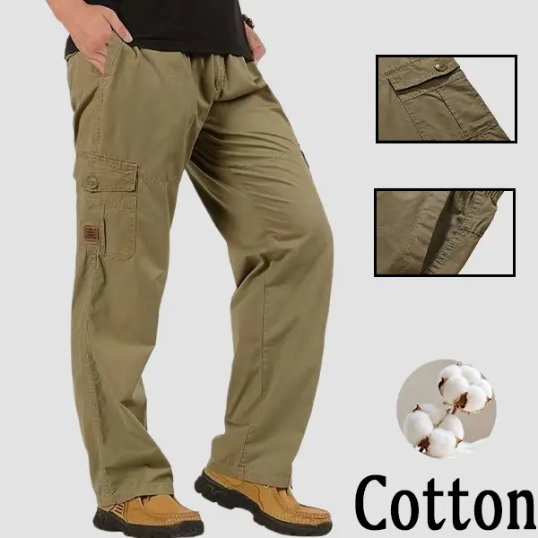 Men’s loose, stretchy cargo pants made of cotton—comfortable and breathable, suitable for work and outdoor activities.