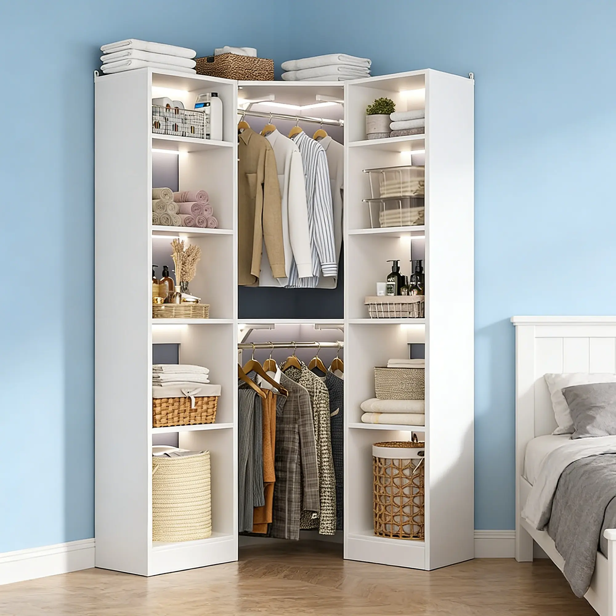 Cyclysio 40"W L-Shaped Corner Closet Organizer System, Wooden Freestanding Wardrobe - Modern Armoire Wardrobe with 2 Hanging Rods, 12 Shelves for Clothes, Home Organization Storage in Bedroom