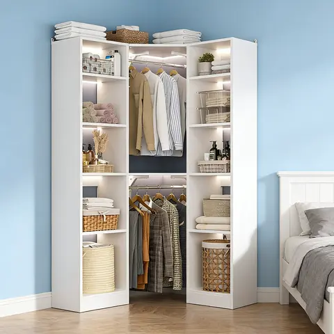 Cyclysio 40"W L-Shaped Corner White Wardrobe - Adjustable Wooden Freestanding Organizer with 2 Hanging Rods, 12 Shelves, Clean Look, 60 lb Shelf Load for Bedroom Storage, Organization Ideas, Small Rooms