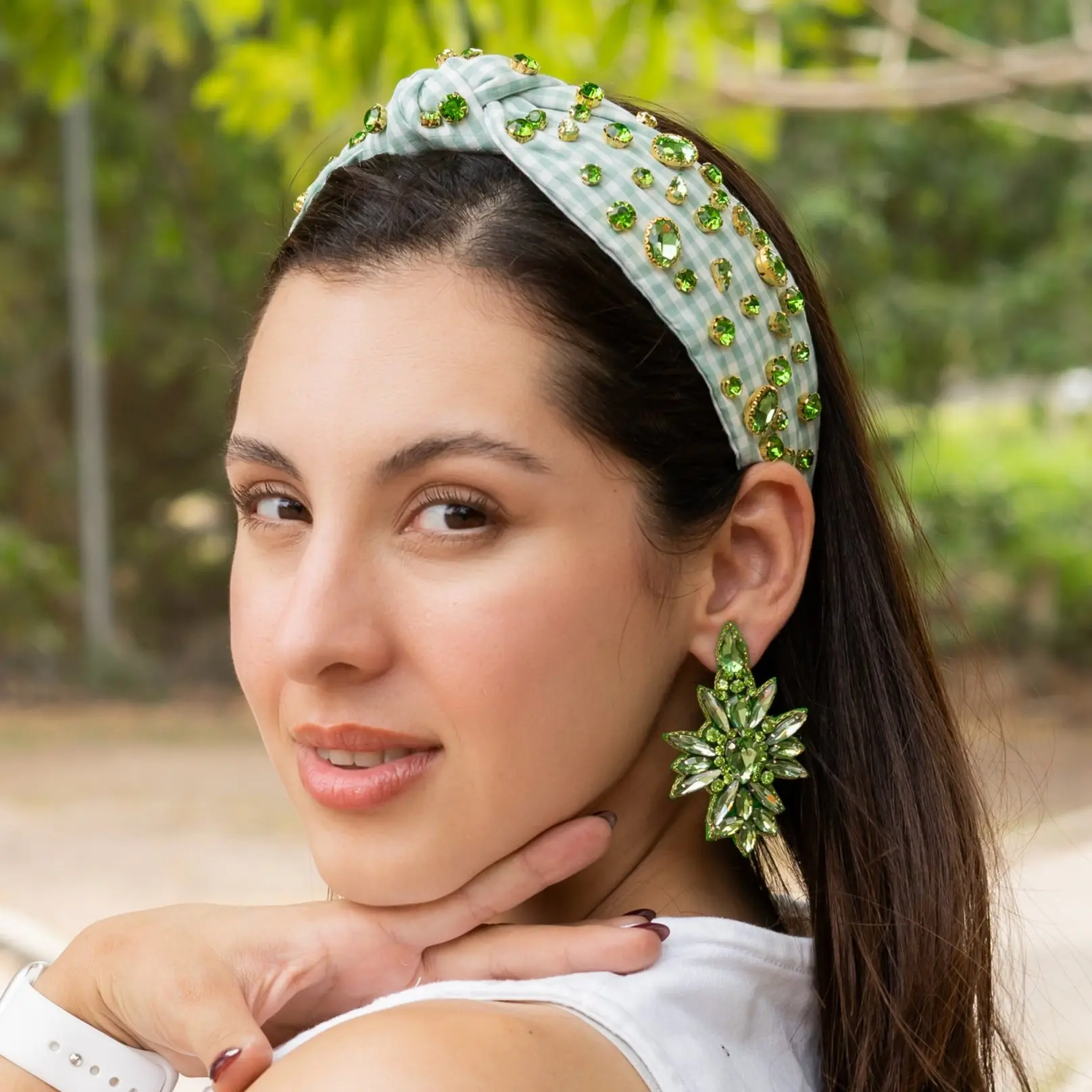 Jade Gingham Jeweled Knot Headband