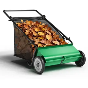 Green Push Lawn Sweeper, 26-Inch with 4 High-Speed Brushes, Heavy-Duty Steel Frame & Large 7 Cu. Ft Hopper Bag for Yard and Leaf Cleanup