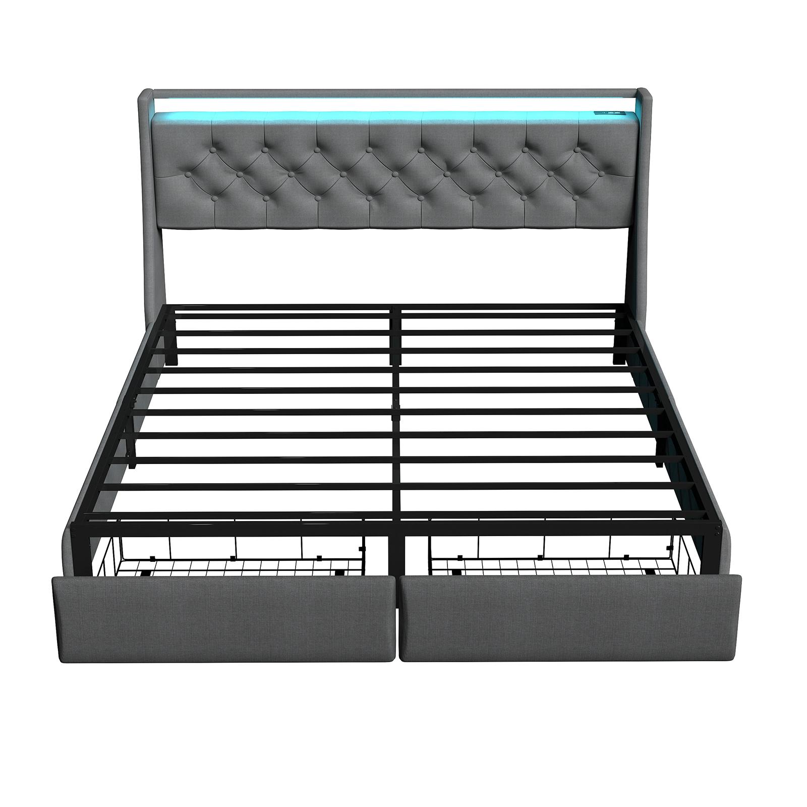 Full Size Bed Frame with Storage Headboard and 2 Drawer, Metal Full Bed Frame Platform with LED Light, Charging Station, No Box Spring Needed, Noise Free, Easy Assembly, Grey