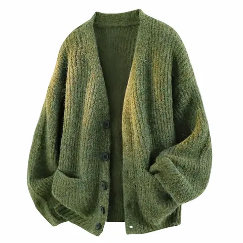 Men's Vintage Chunky Knit Cardigan Sweater - Loose Fit Thick V-Neck Single-Button Thick Outerwear with Side Pockets, Soft Mohair-Texture Polyester Blend Knit Longsleeves Cozy Textured Style Medium Length Menswear Tops, Thick Knit Outerwear