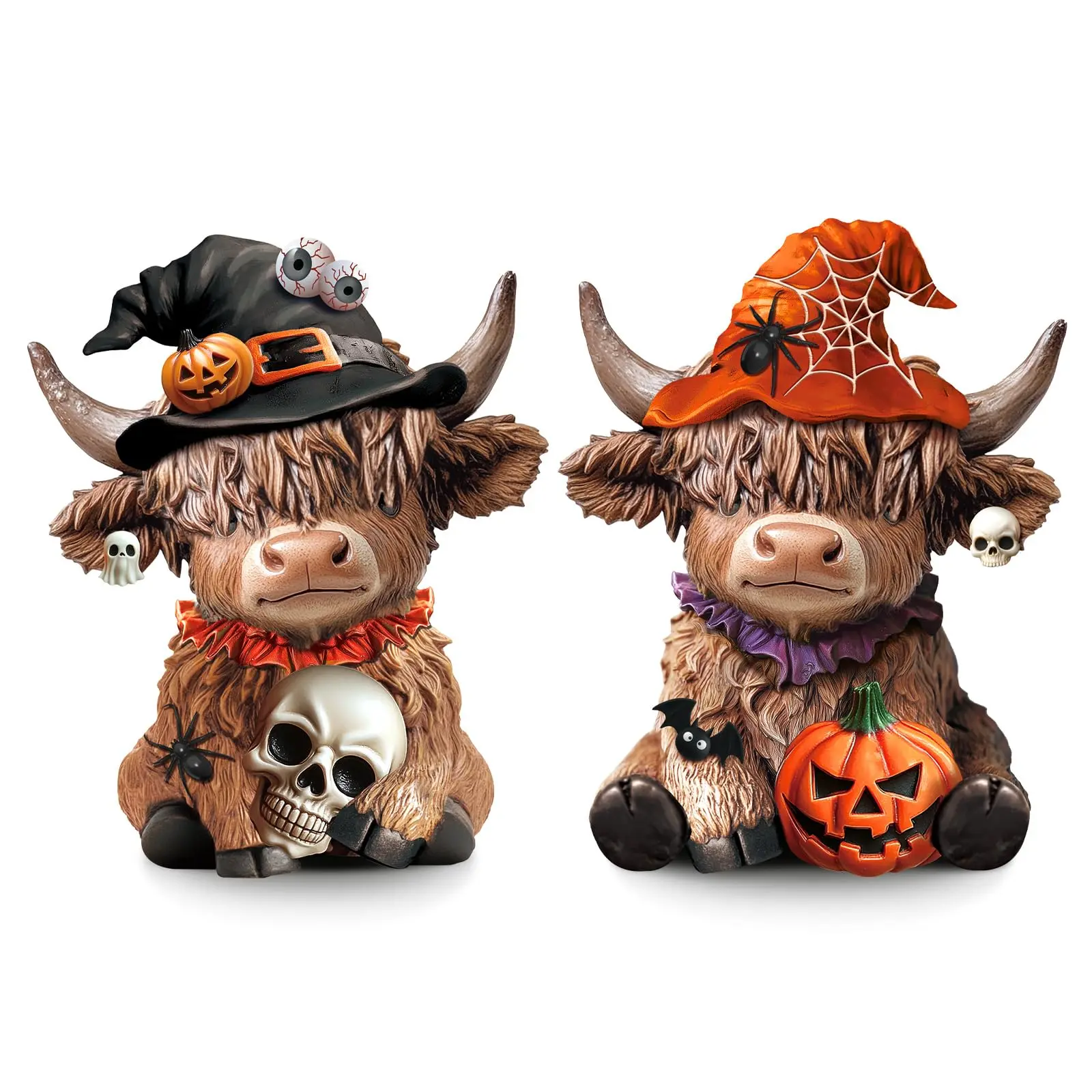 Gejoy Halloween Highland Cow Figures 2pcs 3D Highland Cow Statue Halloween Scottish Cow Gift Desk Decor for Halloween Party Holiday Seasonal, Gift for Men Women Friends Calf Lover