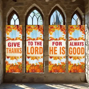 4 Pcs Religious Banners, Polyester Material Fall Religious Vertical Banners Give Thanks To The Lord Lettering With Maple Leaf Pumpkin Pattern Suitable For Thanksgiving Church Home Indoor Wall Decoration