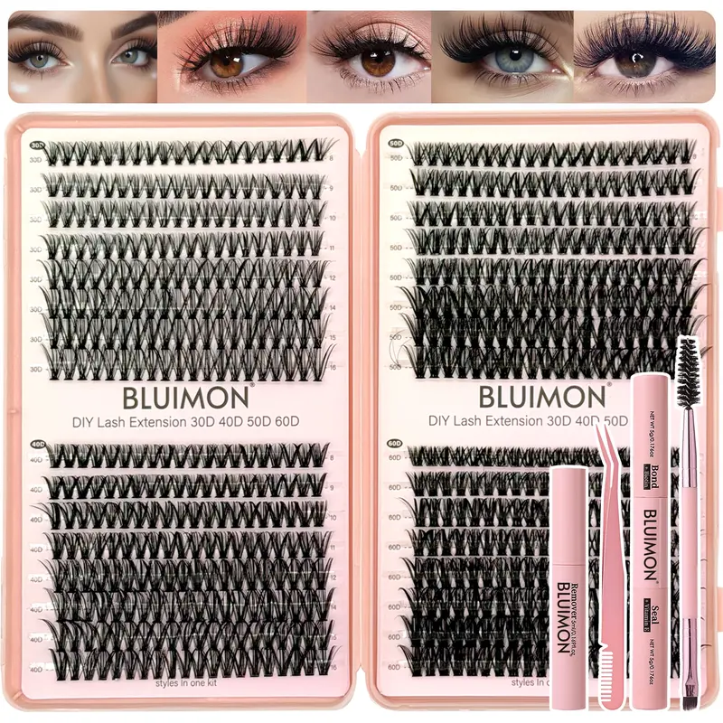 High Quality D-Curl Lash Cluster Kit for Adults, 640pcs/1set Synthetic Fiber Individual Lashes with Thin and Soft Band, 4-Styles 9-16mm Mixed Lengths, Bond, Seal, Remover, Tweezers for DIY Eyelash Extensions & Parties