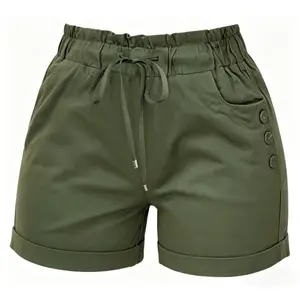 Women's Fashion Cargo Style Army Green Casual Summer Shorts Elastic Ruffled Waist Drawstring Design Side Button Decor Rolled Hem Loose Fit Shorts With Pockets Soft Breathable No Pick Figure All-Match Daily Lounge Vacation Outdoor Hiking Bot