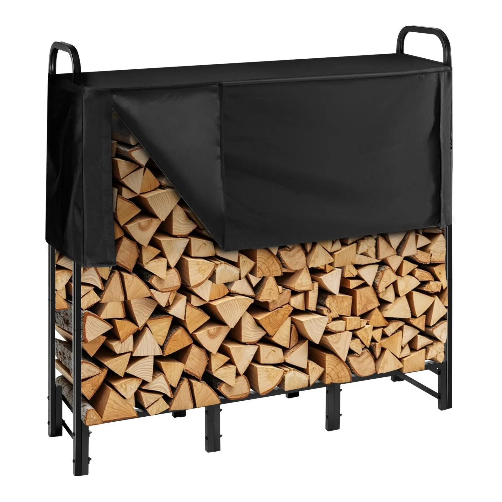【SummerFinds】VEVOR 4 ft Outdoor Metal Firewood Rack with Steel Frame, 600D Oxford Fabric Waterproof Cover, 1/4 Cord Storage, 400lb Max Capacity, Powder-Coated, 48.03 × 12.60 × 46.46 In, Father's Day Gift for Backyard Setups Fireplace Home Organization, Am