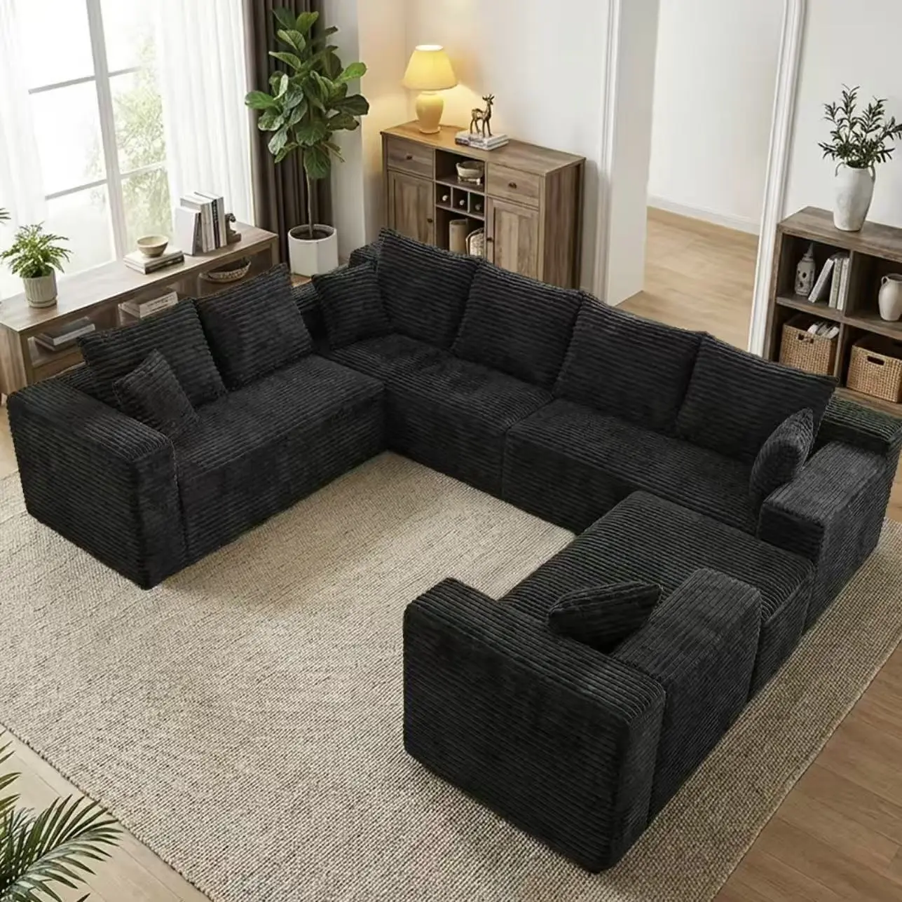 137-Inch Oversized U-Shaped Modular Cloud Sofa, 8-Seater Black Boneless Sectional Couch with Chaise Lounge, No-Assembly Deep Seat Living Room Furniture, Shipped in 2 Boxes