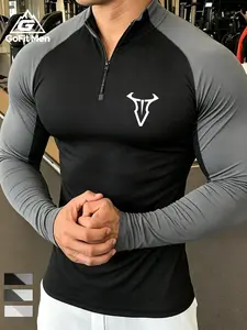 Men's Bull Logo Print 1/4 Zip Fitness Tight Long Sleeve Quick-Dry Sporty Top, Fitness Apparel, Colorblock Fitted Workout Shirt for Gym Training, Breathable Gym Shirts